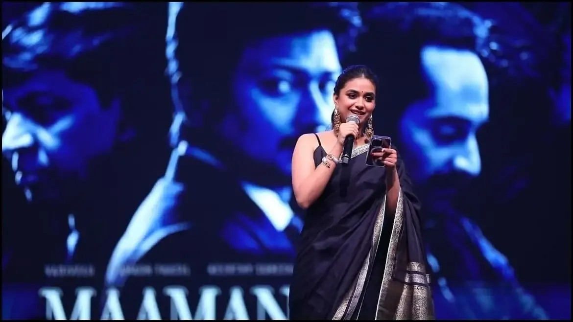 INDIAN ACTRESS KEERTHY SURESH IN BLACK SAREE AT MAAMANNAN AUDIO LAUNCH 7